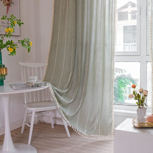 Bohemian Curtains Embroidered Striped Linen Curtains 84 inches long 2 Pieces Bedroom(W 132.08 cm x L 213.36 cm, Gray Green)