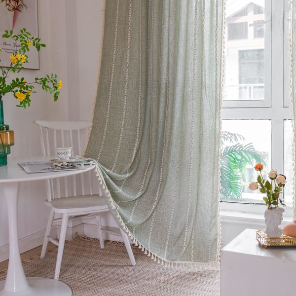 Bohemian Gardiner Broderede Stribede Linned Gardiner 84 Tommer Lange 2 Stykker Soveværelse(B 132,08 cm x L 213,36 cm, Grå Grøn)