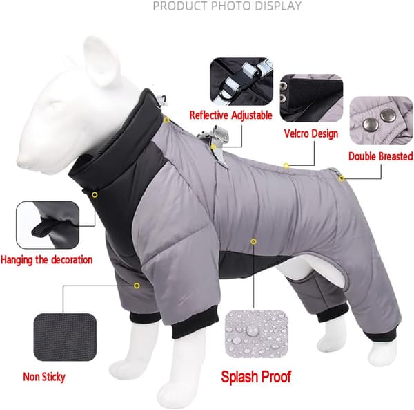 Winter jacket, four-legged dog coat, warm fleece jacket, reflective high-collar coat with harness.