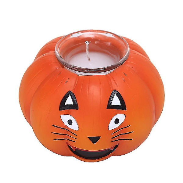 Halloween Katteansikt Gresskar Lysestake Lys Lampe Lysestake Resin Kunst Håndverk Skrivebord Atmosfære Dekor