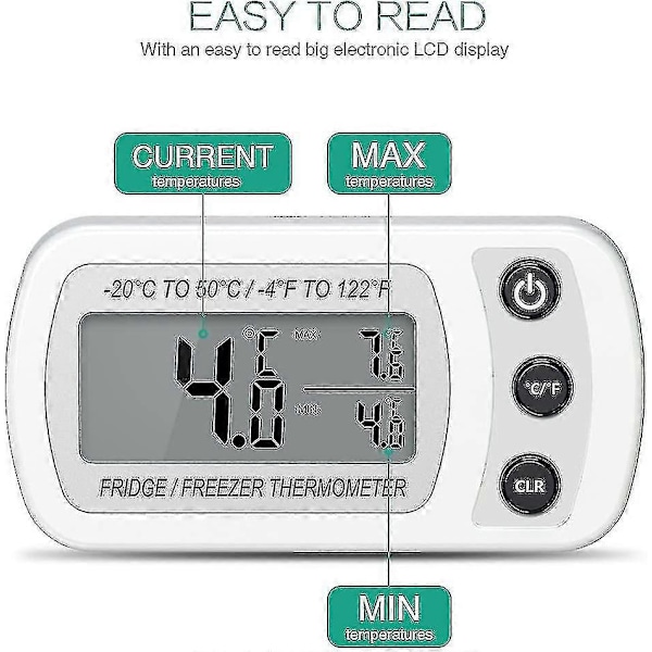 Køleskabstermometer, Digitalt Frysetermometer, Vandtæt Køleskabstermometer Med Max/min Funktion, Krog, Letlæseligt LCD-display, Til Hjemmet