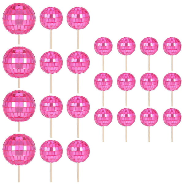 24 stk. reflekterende diskokugle cupcake-toppere kagepynt til bryllupsfødselsdagsfestartikler desserttilbehør pink