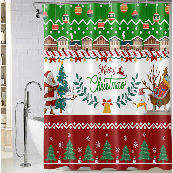 Rød og grøn julebruseforhæng, glædelig jul julemand snemand juletræ gaver bruseforhæng, 72 x 72 tommer