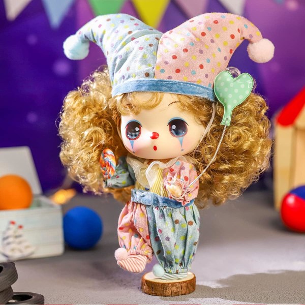 Modedocka, Clowndocka, Innehåller 6 tillbehör, inklusive clownkostym, dockstativ, dockballong, återanvändbar lekset – Perfekt present till flickor i åldrarna 3+