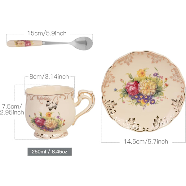 Blomstrende buske tekopper og underkop sæt, 8 oz Vintage elfenben keramisk tekopper sæt med ske gaver til kvinder