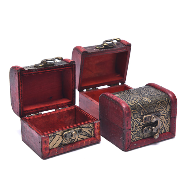 Antik Mini Wood Treasure Chest Förvaringslåda Smycken Organizer B