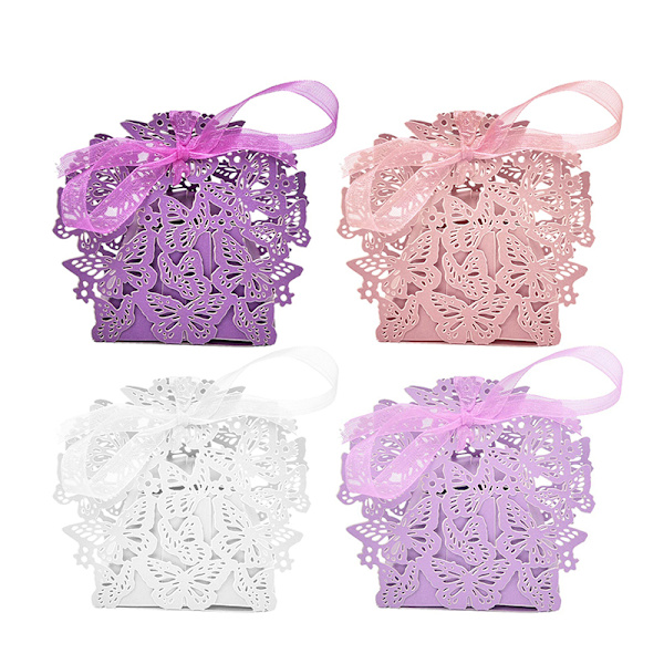 10/50/100 st Butterfly Ribbon Present Candy Paper Box Bröllopsdel White
