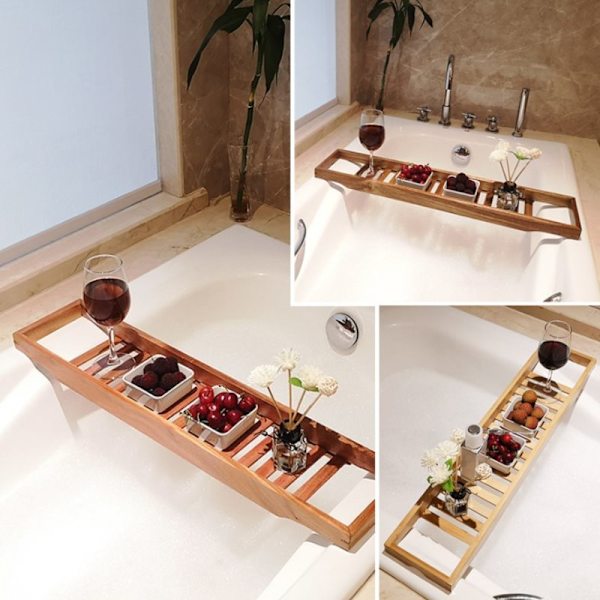 Bambu förlängning antisladd badrum multi badkar hylla Wooden