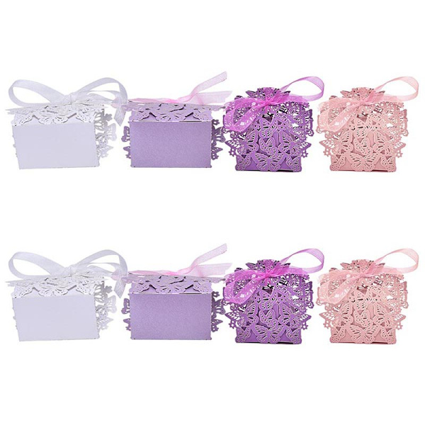 10/50/100 st Butterfly Ribbon Present Candy Paper Box Bröllopsdel White