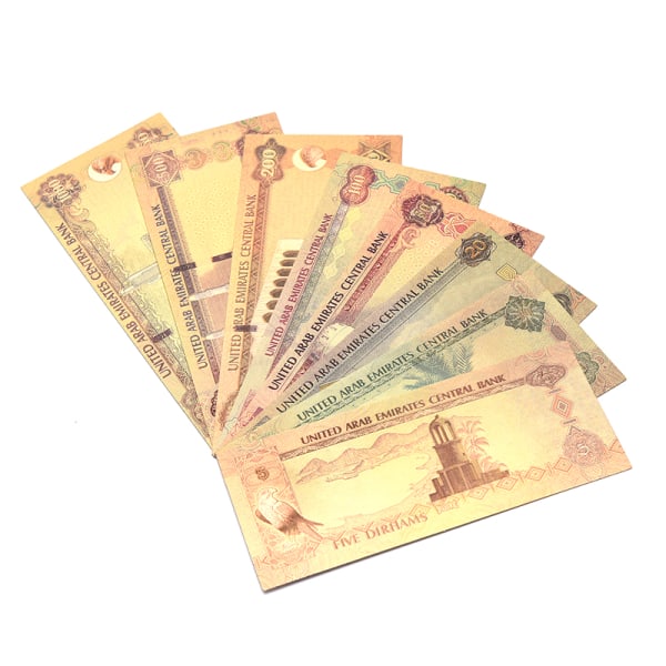 7 st S UAE-valutasedlar i 24k guld-papperspengarsamling