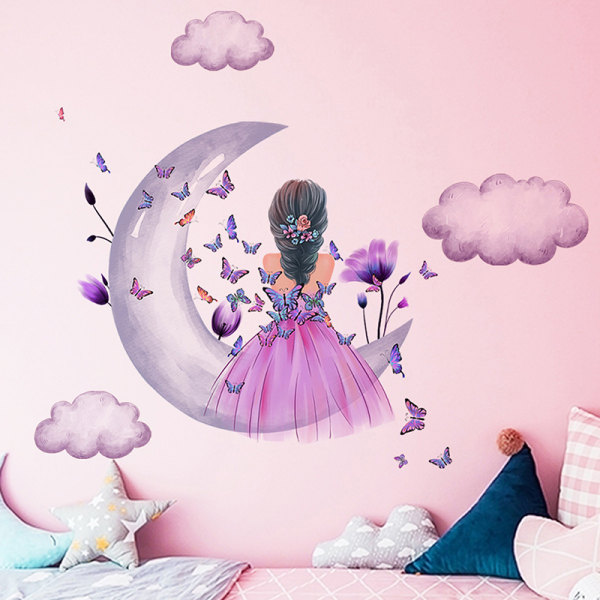 Butterfly Little Girl Grå Moon Clouds Väggdekaler Avtagbara Purple