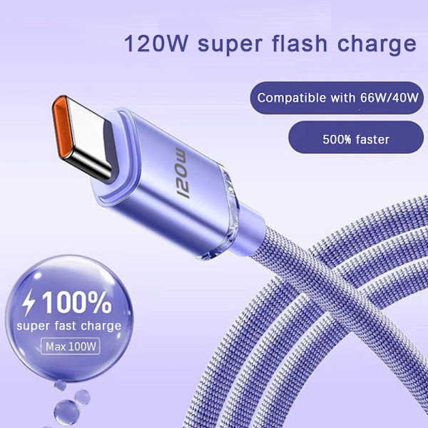 120W USB Typ C-kabel 6A Snabbladdning Typ C-kablar Snabbladdning Purple 1M