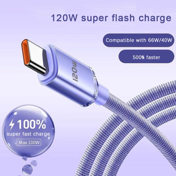 120W USB Typ C-kabel 6A Snabbladdning Typ C-kablar Snabbladdning Purple 25CM