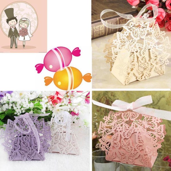 10/50/100 st Butterfly Ribbon Present Candy Paper Box Bröllopsdel White