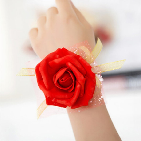 Ny brudtärna Wrist Corsage Bröllopsfest Rose Armband Silk F Red