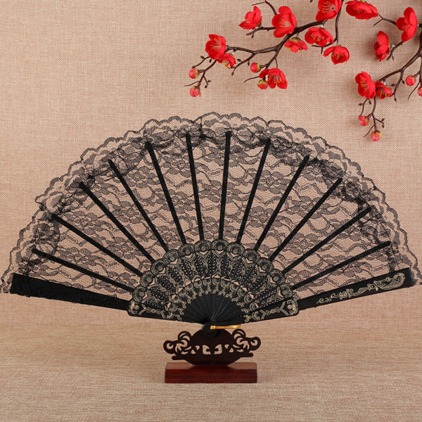 Black Lace Folding Fan Vintage Handheld Fan Dam Flickor Spanska Black