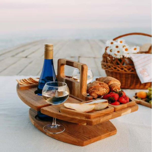 Bord Picknickbord i trä med glashållare Rund hopfällbar Des