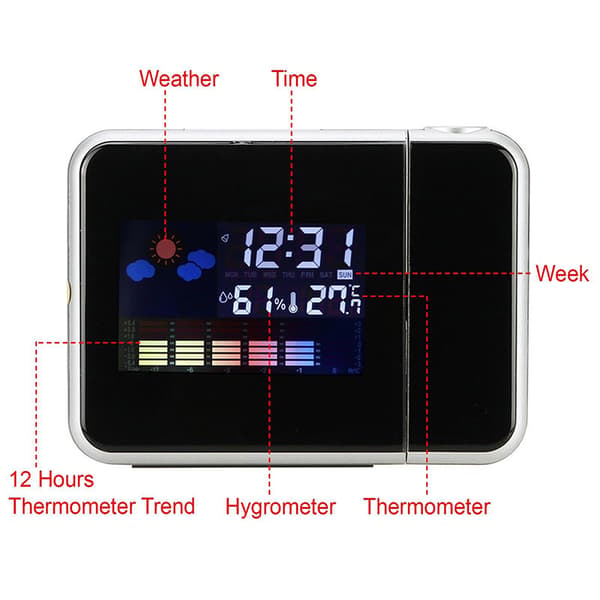 LCD Digital LED-projektor Projektionsväderstationskalender S White