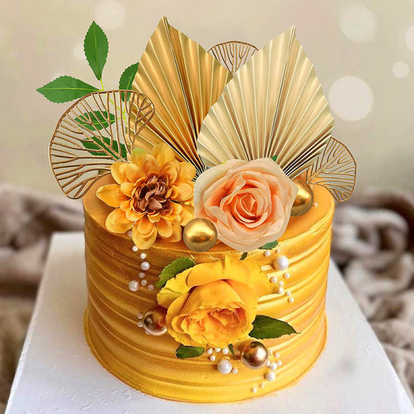 Gyllene palmblad dekoration blomma för tårta topper papper Birthd 01