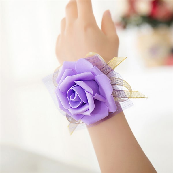 Ny brudtärna Wrist Corsage Bröllopsfest Rose Armband Silk F Purple