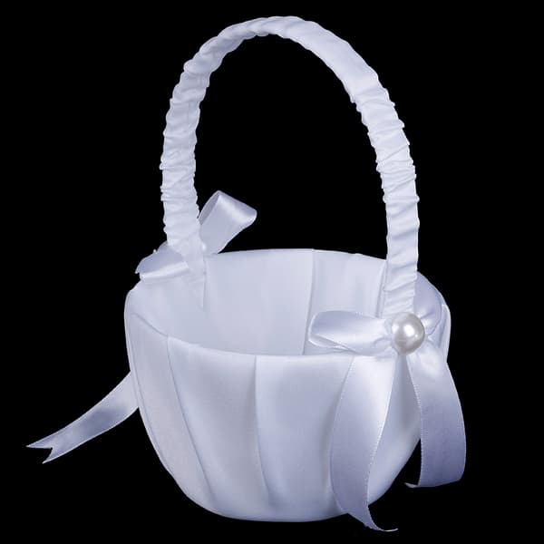 Vit satinpärlstav bröllopsblomma flicka korg bowknot dekor
