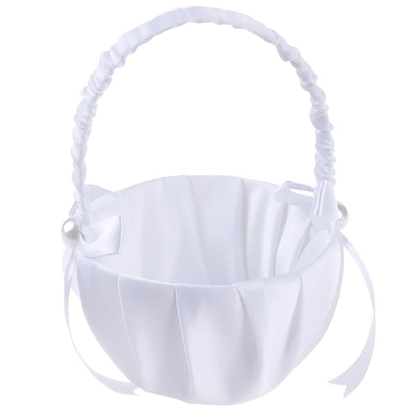 Vit satinpärlstav bröllopsblomma flicka korg bowknot dekor