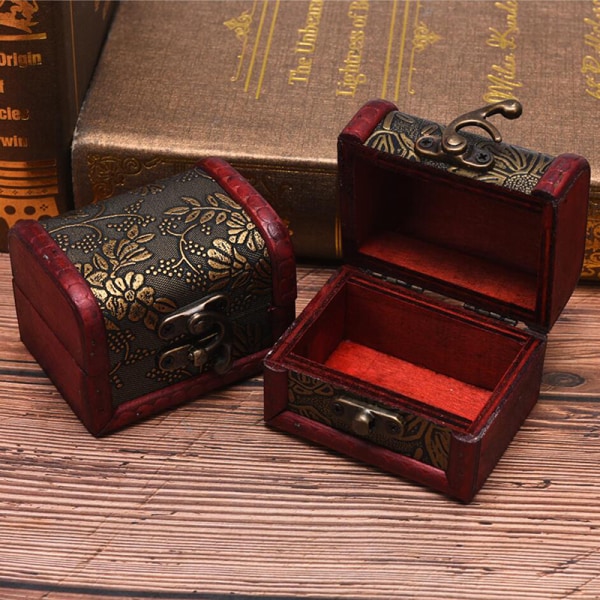 Antik Mini Wood Treasure Chest Förvaringslåda Smycken Organizer B