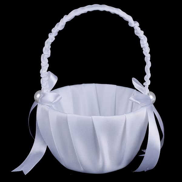 Vit satinpärlstav bröllopsblomma flicka korg bowknot dekor
