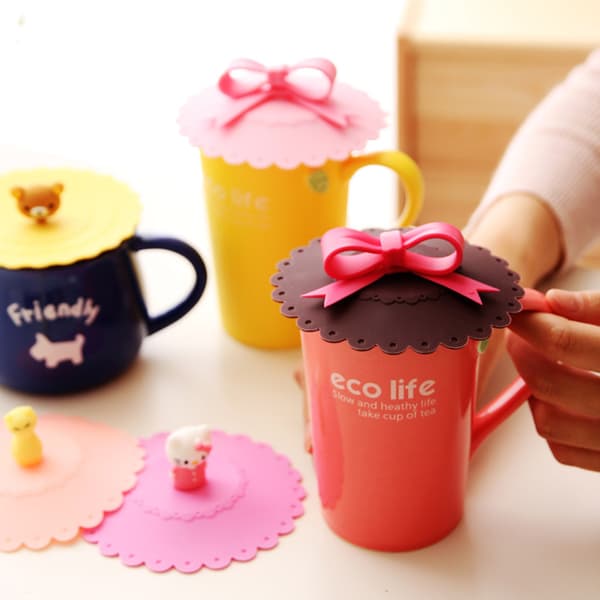 Bowknot Bow Silicon Anti-damm Mugg Cap Cup Glaslock Läcksäker C Coffee
