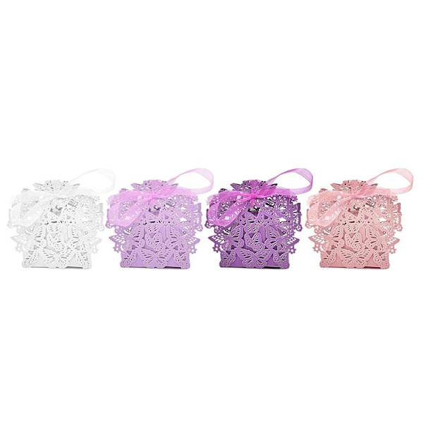 10/50/100 st Butterfly Ribbon Present Candy Paper Box Bröllopsdel White