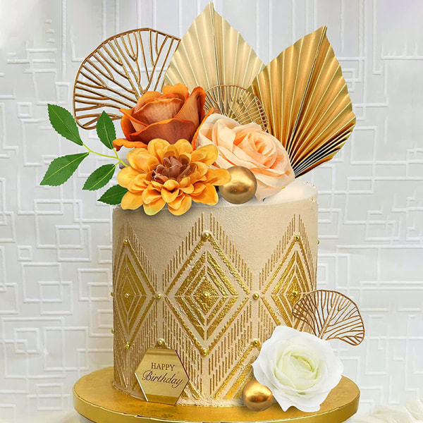 Gyllene palmblad dekoration blomma för tårta topper papper Birthd 01