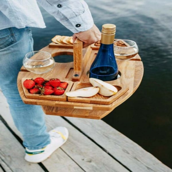 Bord Picknickbord i trä med glashållare Rund hopfällbar Des