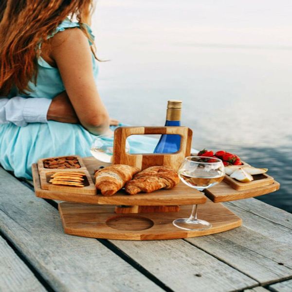 Bord Picknickbord i trä med glashållare Rund hopfällbar Des