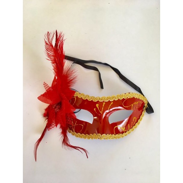 Halloween mask spets / fjädrar. Vietnamesisk ( 2-PACK ) 1 svart + 1 röd