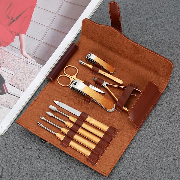 10-delad orange nagelklippare set PU-skönhetsset nagelförbättringsverktyg set