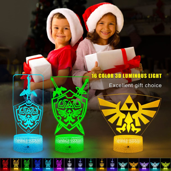 Nattlampa för barn med 3D-illusion (3 mönster) Nattlampa för barn med 7 färgskiftningar med fjärrkontroll, dekorationsgåvor för pojkar The Legend of Zelda Combo-paket
