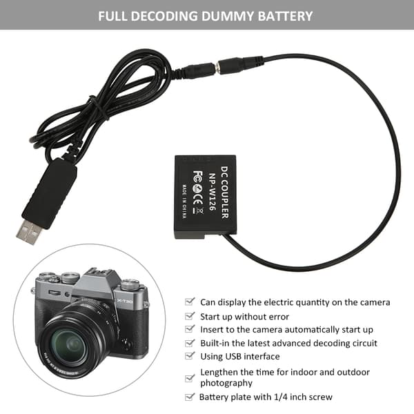 USB-interface til NP-W126 fuld dekoding dummy batteriadapter til Fuji X-T1 X-T2 X-T3 X-T10 X-T20 X-T30 X-Pro1 X-Pro2 X-Pro3