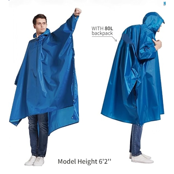 Aikuisten kevyt vedenpitävä hupullinen sadeponcho taskulla - Unisex-sadetakki retkeilyyn, telttailuun ja hätätilanteisiin blue