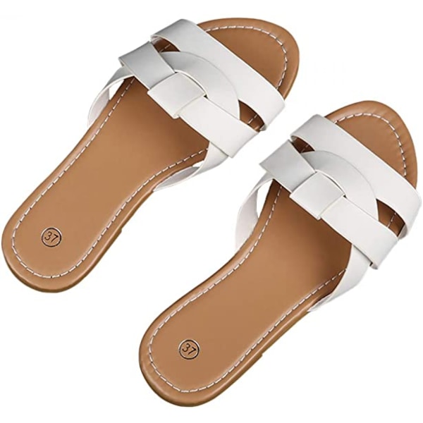 Kvinners sommer flate slides sandaler casual stropp kryss slip på sliders strand flate sandaler -------  Hvit  （Størrelse 35）