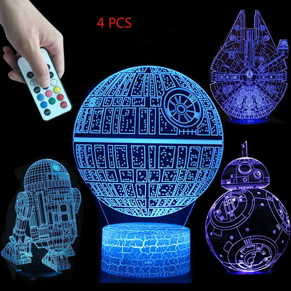 WJ 3D illusjonsnattlys fire mønster 16 fargeendring dekorlampe skrivebordsbord nattlyslampe for barn Star Wars Combo Pack-A