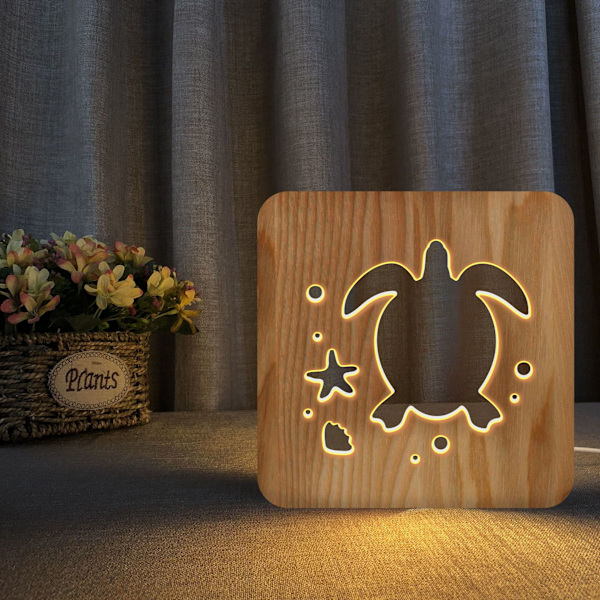 Natlampe i form af en pære til skildpadde i træ - 3D-lampe i træ - Kreative trælamper - Enkle dekorative lamper - 3D-træskæringsmønster - LED-natlampe til skrivebord