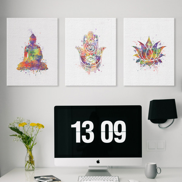 Wekity Buddha, Lotus og Mudra Vægkunst Lærredstrykplakat, Enkelt Mode Vandfarve Kunsttegning Dekoration til Hjem Stue Soveværelse Kontor (Sæt af