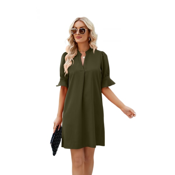 Womens Sommer Bomuldslinned Kjole Ensfarvet Sol Kjoler V-hals Kortærmet Midi Kjole Casual Løs Shift Kjole(Grøn XL)