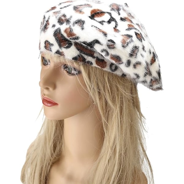 Fluffy Leopard Print Beret Hat Trendy Cheetah Pattern Franske Hater Vinter Varme Artist Caps for Lady