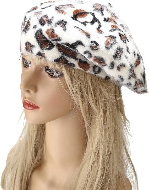 Fluffy Leopard Print Beret Hat Trendy Cheetah Pattern Franske Hatte Vinter Varmt Kunstner Caps til Dame