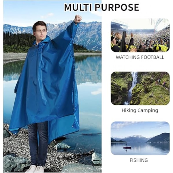 Aikuisten kevyt vedenpitävä hupullinen sadeponcho taskulla - Unisex-sadetakki retkeilyyn, telttailuun ja hätätilanteisiin blue