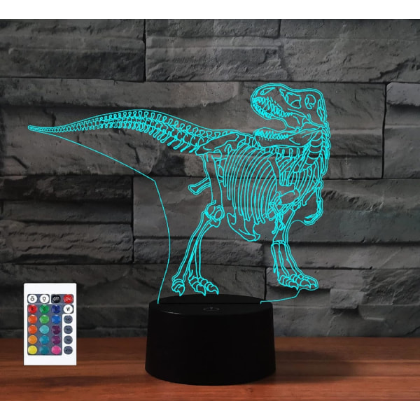 WJ 3D Dinosaurie Fjärrkontroll 16 Färg Nattljus Illusion Akryl LED Bordsängslampa Barn Sovrum Skrivbordsdekor Födelsedagspresenter Leksak för Barn