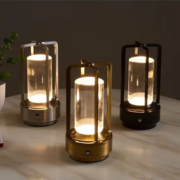 Portabel Metallbordslampa för Inomhus/Utomhusbruk, Uppladdningsbar Sladdlös LED-lampa, 3-Färgs Steglös Dimning Batteridriven Liten Skrivbordslampa Gold
