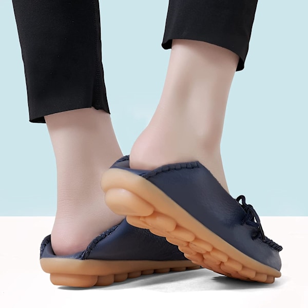 Damloafers - Casuala slip-on loafers i läder för kvinnor - Bekväma körsko för utomhuspromenader - Mörkblå (storlek 41)
