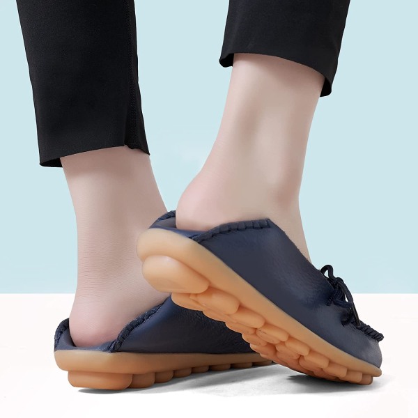 Moccasiner for kvinner Casual Slip on Dress Moccasiner Kvinner Komfortable skinn kjøresko utendørs Walking Flats sko----Mørk blå（Størrelse 37）